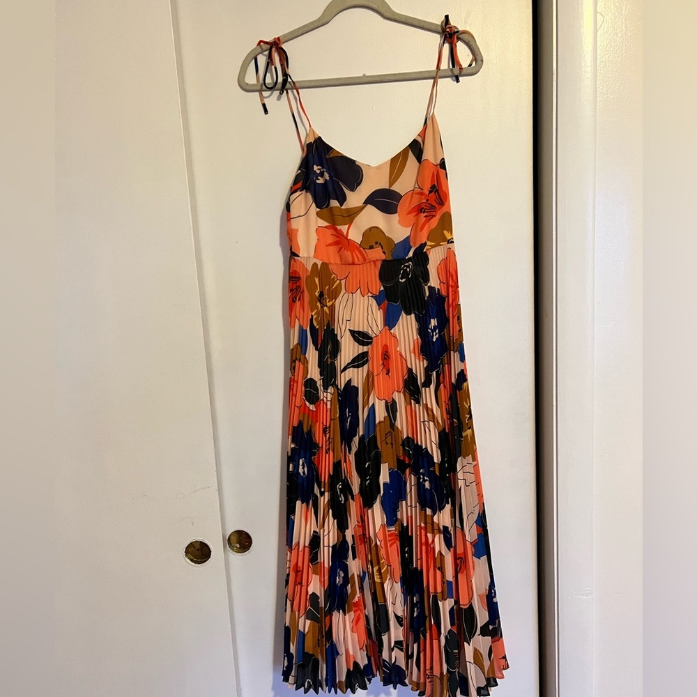 Sézane Pleated Floral Maxi Dress in Peach, Navy & Olive